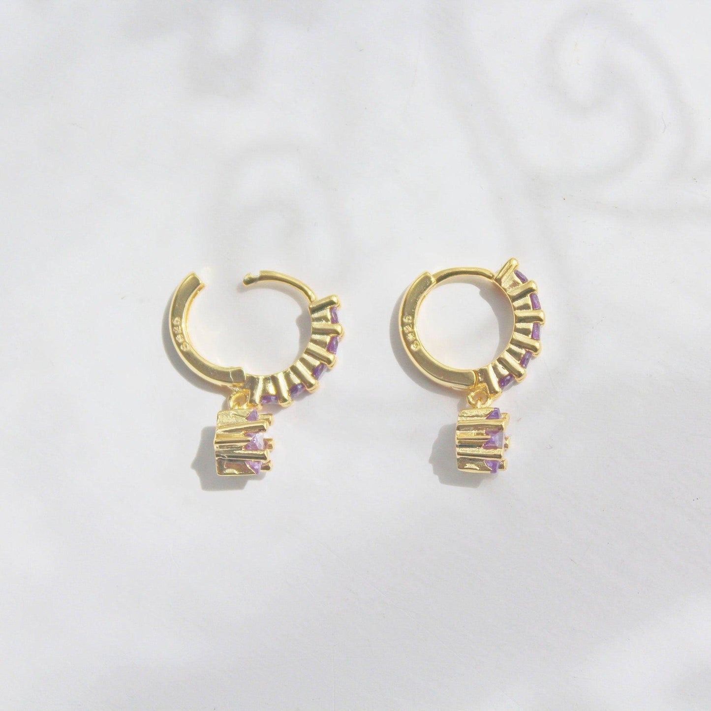 Purple Stars Hoop Earrings - Gold Hoop with Crystal Drop Earrings