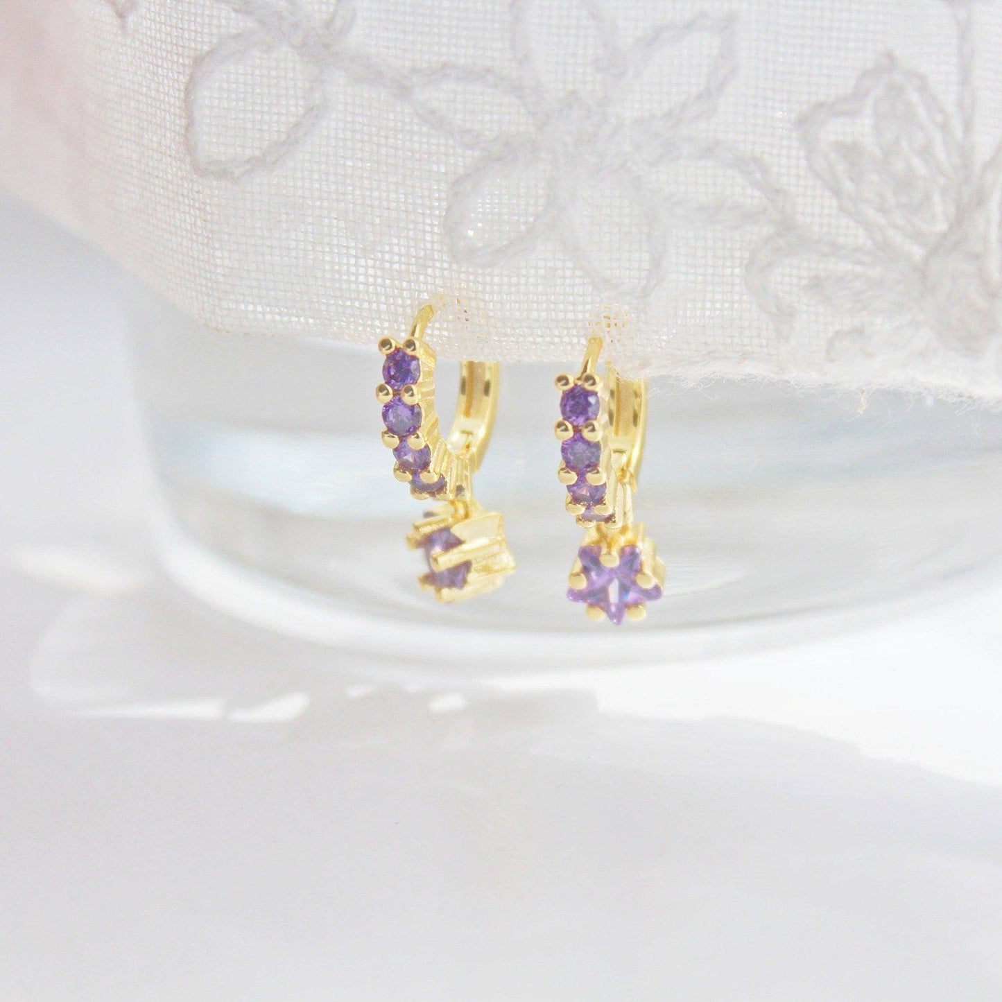 Purple Stars Hoop Earrings - Gold Hoop with Crystal Drop Earrings