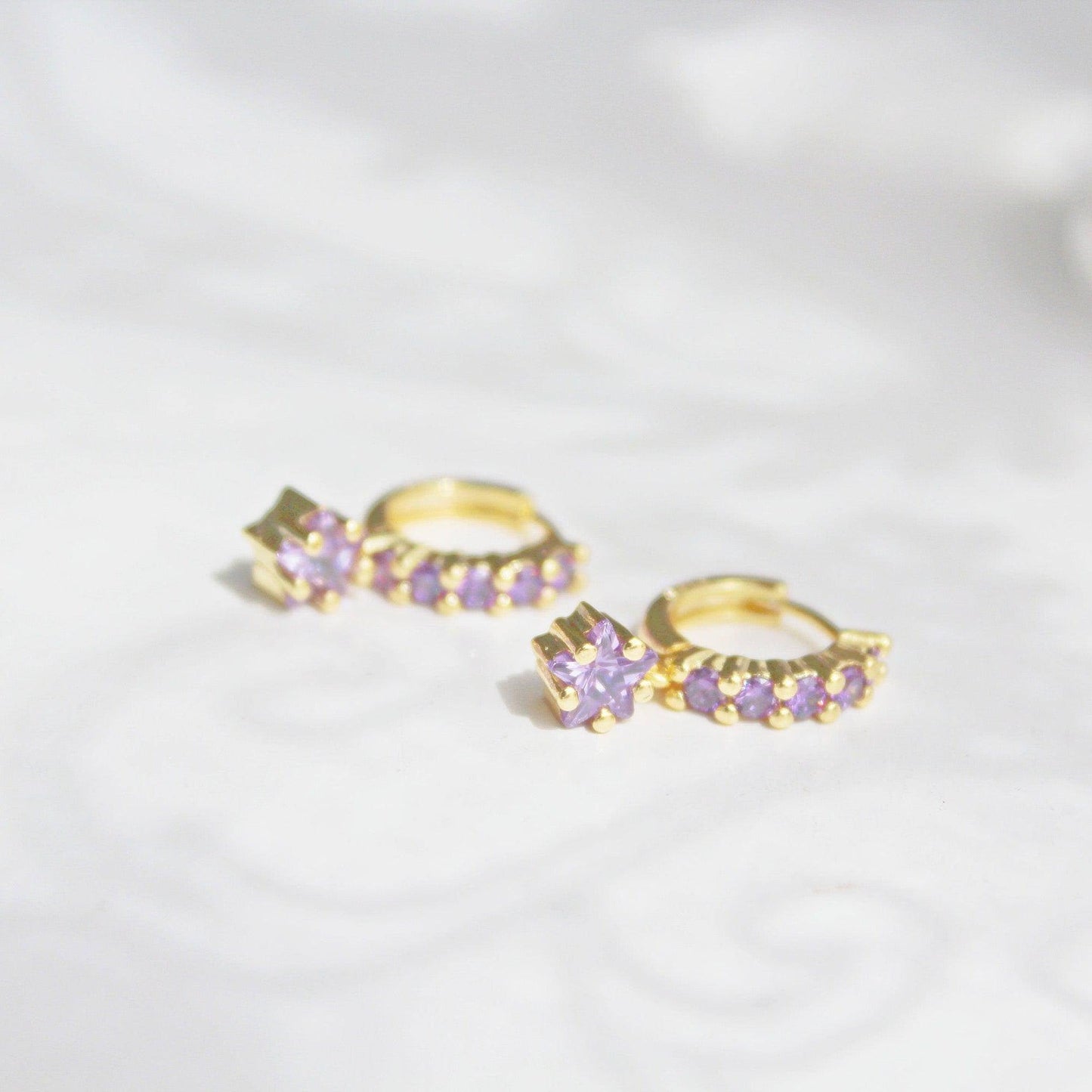 Purple Stars Hoop Earrings - Gold Hoop with Crystal Drop Earrings