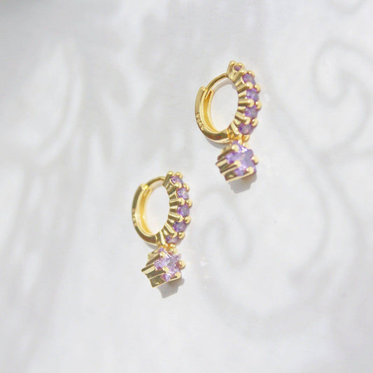 Purple Stars Hoop Earrings - Gold Hoop with Crystal Drop Earrings